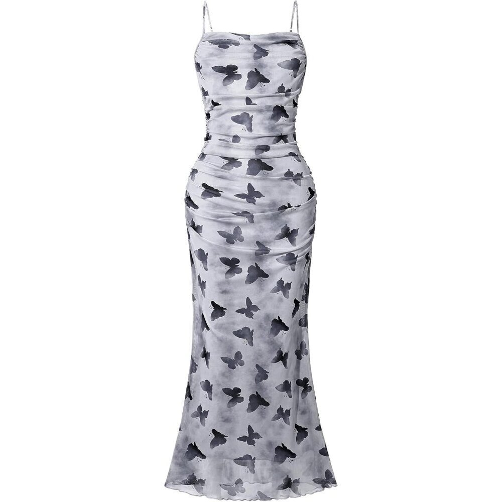 🆕 Women Black Mesh Sexy Cami Long Dresses Floral Slip Maxi RuchedSummer Bodycon
